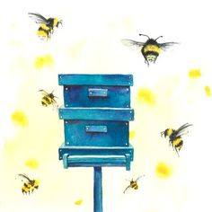 some bees are flying around a blue beehive