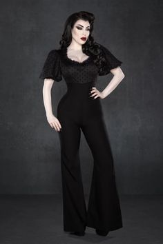 PRE-ORDER - Dina Jumpsuit – KATAKOMB Romper Men, June Dress, Corporate Goth, Black Velvet Bow, Retro Pin Up, Velvet Bow, Black Velvet, Work Outfit, Leg Pants