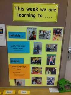 a bulletin board with pictures and words on it that say, this week we are learning to