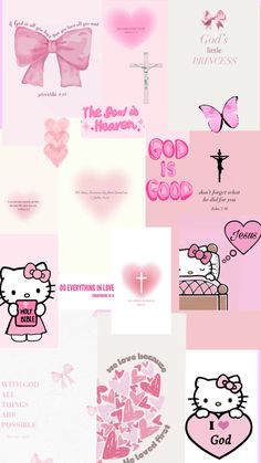 pink and white wallpaper with hello kitty on it's left side, including the words god is good