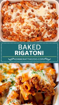 baked rigatoni in a casserole dish with meat and cheese on top