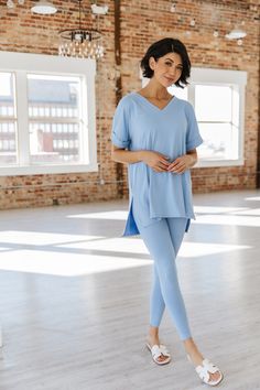 There are so many things we love about our Evalee Microfiber Loungewear Set! The top features an oversized fit with a v-neck and cuffed sleeves, while the bottoms are fitted with a high elastic waistband! The microfiber fabric makes our set stretchy and so soft, it will quickly be your favorite outfit! Our monochrome set comes in so many fun colors and sizes you're sure to find the perfect one for you! Model Info: Models are 5'7", Size 2, wearing smalls Fabric: 90% Polyester, 10% Spandex