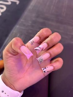 Pink Frenchies With Rhinestones, Pink Shirt Nails, Pink Kaws Nails, Baddies Nails Short, Girly Nail Designs, 2000s Nail Art, Baddies Nails, Unique Acrylic Nail Designs, Shirt Nails