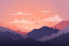 birds flying in the sky over mountains at sunset or dawn with pink and purple hues