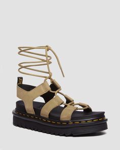 Nartilla Tumbled Nubuck Leather Gladiator Sandals in Savannah Tan | Dr. Martens Dr Martens Nartilla, Leather Gladiator Sandals, Spring Sandals, Casual Styles, Womens Cocktail Dresses, Sandals For Sale, Goodyear Welt, Dress For Short Women, Summer Months