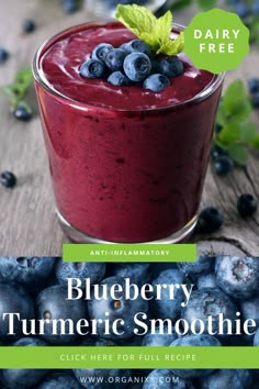 blueberry turmeric smoothie recipe in a glass with green leaf on top