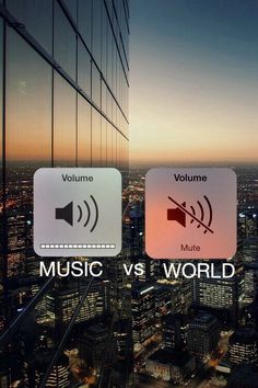 an image of music versus world in the city at sunset or sunrise with sound equalizer and volume