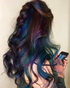 Oil Slick Hair Color, Color Ideas For Brown Hair, Oil Slick Hair, Ideas For Brown Hair, Peekaboo Hair, Rainbow Hair Color, Gorgeous Hair Color, Hair For Women, Hair Color Purple