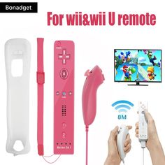 the nintendo wii remote is pink and white with game controllers next to it, along with an image of mario kart