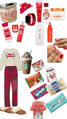 the contents of a woman's christmas gift set including coffee, candy and cookies