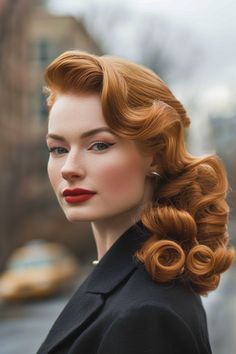 Achieved with a curling wand and some hairspray, side-swept curls offer a glamorous look that’s easily attainable and stunning. Click to see more. Vintage Hairstyles For Wedding, Rich Lady Hairstyle, 40s Inspired Hair, Middle Part Pin Curls, Long Hair Vintage Styles, Long Hair 1950s, Vintage Side Hairstyles, 40s Hollywood Hair, 1920s Hair With Bangs