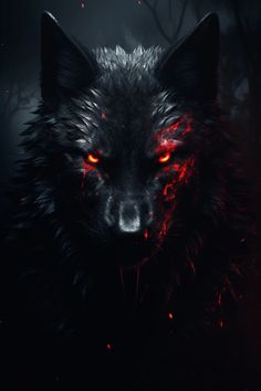 a black wolf with red eyes in the dark