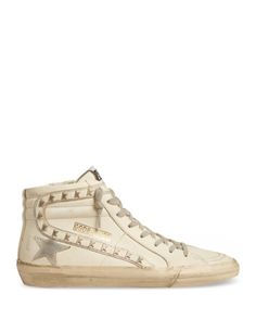 Golden Goose Women's Slide Studded Leather High Top Sneakers Golden Goose Sneakers High Tops, Luxury Silver Leather Sneakers, Pink Nike Shoes, Goose Sneakers, Golden Goose Sneakers, Pink Nike, Leather High Tops, Pink Nikes, Womens Slides