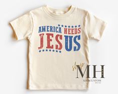 America Needs Jesus Shirt, Patriotic Kids T-shirt, Christian Shirt, Kids Jesus Shirt, Kids Toddler Christian Natural Tee, Gift For Kids Design is printed directly onto the shirt using Direct To Garment printer. The design is soft to touch. Shirts use to print are Premium quality brand. See picture for measurements & details. Kids B+C Unisex T-Shirt/Long sleeve & Baby Bodysuit size 3-6M & above -4.2 oz., 100 % combed and ring spun cotton. Light weight and soft. Baby bodysuit 0-3M  -White is 100% organic cotton rib fabric  -Natural is 100% Premium organic cotton  Please note the main photo is a mockup of the design that will be printed. Picture will vary slightly due to lighting & or monit or settings.  CARE INSTRUCTIONS:  Machine wash cold inside out. Hang to dry or tumble dry low. No bleac Patriotic Kids, Rib Fabric, Jesus Shirt, Christian Shirt, Kids Graphic Tees, Soft Baby, Jesus Shirts, Gift For Kids, Christian Shirts