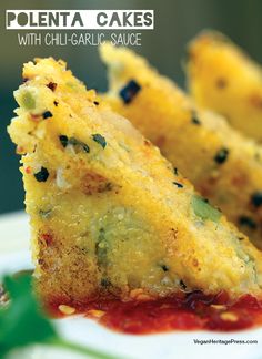 the cover of polenta cakes with chili - garlic sauce is shown on a plate