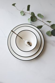 a white and black plate with a spoon on it next to a green plant in the background