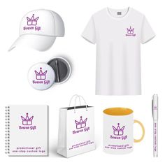 a white t - shirt, mug, pen and other items are shown in this image