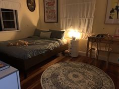 a dog laying on a bed in a bedroom