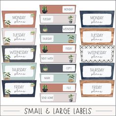 small and large labels with plants on them for the month of march, friday, and wednesday