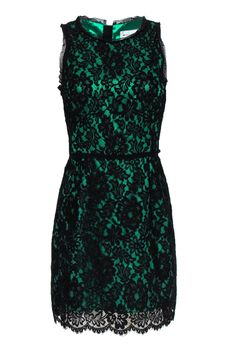 Current Boutique-Milly - Green & Black Lace A-Line Dress Sz 10 Contrast Lace Dress For Night Out, Sheer Lace Mini Dress For Cocktail, Sheer Mini Length Lace Dress For Cocktail, Sheer Mini Lace Dress For Cocktails, Sheer Lace Mini Dress For Cocktail Events, Sleeveless Cocktail Dresses With Contrast Lace, Chic Green Lace Dress, Party Mini Dress With Contrast Lace, Cocktail Lace Dress With Lace Trim