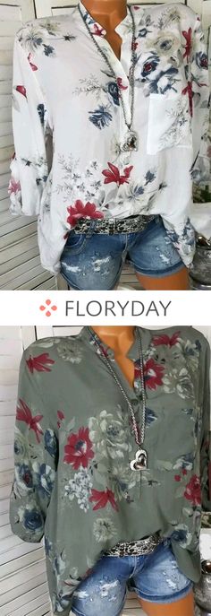 Floral Casual Cotton Collar Long Sleeve Blouses, floral blouse, casual blouse, casual, cotton, collar blouse, fashion tops, long sleeve, outfit. Long Sleeve Blouses, Fashion Blouses, Blouse Style, Gray Top, Blouse Casual, Fashion Spring, Collar Blouse, Green Blouse, Horse Painting