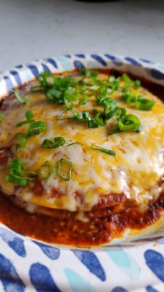 a plate topped with lasagna covered in cheese and green onions on top of a blue and white checkered table cloth