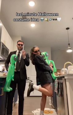 a man and woman dressed up in costumes standing in a kitchen with the caption, last minute halloween costume idea