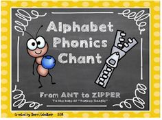 the alphabet phonics chart from ant to zipper is shown in front of a blackboard