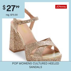 These Pop women's Cultured heeled sandals are a glam showstopping style for a special event. Featuring a gold-tone glitter base and strappy open-toe design, this pair has a high platform heel and an ankle strap closure. Wear them with a mini dress or skinny jeans and a satin cami.Features: GlitterClosure Type: BucklePlatform Shoe Height: 1 InchShoe Heel Height: 2 InchesUpper/Outer Base Material: 100% PolyesterShoe Lining Material: PolyurethaneSole Material Content: 60% Polyester, 40% Polyuretha… Gold Sandals With 4-inch Heel For Wedding, Cheap Gold Heels With 4-inch Heel, Gold Sandals With 4-inch Heel Medium Width, High Heel Sandals With Gold-tone Hardware For Parties, Gold Synthetic Wedge Sandals With 4-inch Heel, Toe Designs, Platform Heels, Open Toe, Ankle Strap