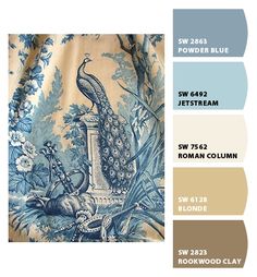 the color scheme for this fabric is blue and white, with an image of a peacock on