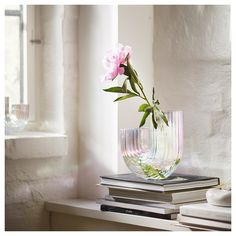 there is a vase with flowers in it on top of some books and a window sill