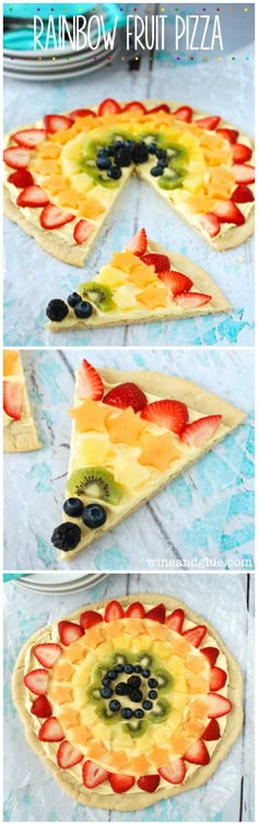 the process to make a rainbow fruit pizza is shown in three different stages, including one slice