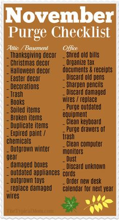 the november pure checklist is shown in orange and white with green leaves on it