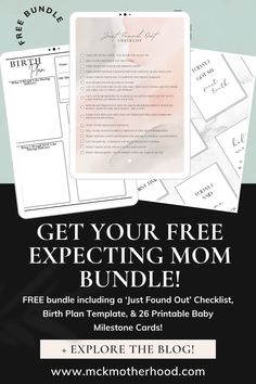 You can grab your FREE expecting mom bundle TODAY! It comes with a 'Just Found Out' Checklist to help you navigate those first few things to do after finding our you're pregnant, a Birth Plan template to take with you when you have baby, and 26 Printable Baby Milestone Cards for once baby is here! At MCK | Pregnancy & Motherhood, I have so much for YOU as an expecting or new mom! Catch all the blog posts, resources, journals, announcement templates, and more! 🥂 Pregnancy Apps, Expecting Moms Gifts