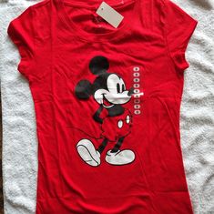 Mickey Mouse Graphic Tee Size Small Red Cartoon Print Top For Summer, Red Cartoon Print Tops For Summer, Red Cotton Top With Cartoon Print, Red Crew Neck Shirt With Cartoon Print, Red Short Sleeve Top With Mickey Mouse, Fun Red Top With Cartoon Print, Cute Red Crew Neck Shirt, Red Crew Neck Shirt, Cute Style, Cute Red Mickey Mouse Top