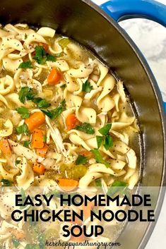 chicken noodle soup in a pot with the words easy homemade chicken noodle soup