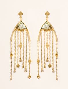 For days when you don't know what to wear, there are the Mina Labradorite earrings: poetic and elaborate, they will gracefully dress up the simplest of outfits. Labradorite Earrings, Brass Earrings, Labradorite, What To Wear, 18k Gold, Dangle Earrings, Gold Plate, Dress Up, Plating