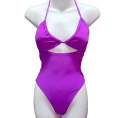 Ribbed Tunneled U-Neck One Piece Swimsuit - Neon Purple Nwt Size- Xs Juniors (00) Removable Padding Trendy V-neck Swimwear, Solid Triangle Top Bodysuit For Party, Solid Color Triangle Top Bodysuit For Party, Purple Lined Bodysuit For Vacation, Stretch Triangle Top Bodysuit, Solid Summer Bodysuit For Night Out, Solid Color Summer Bodysuit For Night Out, Purple V-neck Stretch Swimwear, Fitted Purple Bodysuit For Vacation