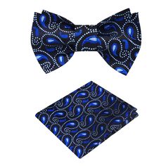 Choose From: Single Self-Tie Bow Tie Self-Tie Bow Tie, Pocket Square Material of Bow Tie and Pocket Square: 100% Silk Bow Tie Fits Neck Sizes: 14 - 22” Inches Pattern Of Fabric: Paisley Color Of Fabric: Black, Blue, White Paisley Color, Silk Bow Ties, Bow Tie Set, Silk Bow, Tie Bow, Fabric Black, Blue Paisley, Tie And Pocket Square, Color Textures