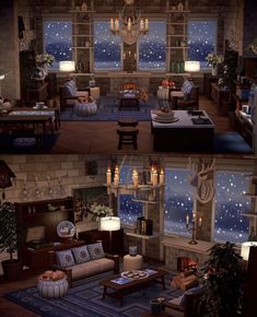 the living room is filled with furniture and decorations, while two windows look out onto the snowy night sky