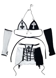 This set is made out of a stretchy cotton fabric, completed with chain straps, safety pins, and adjustable skirt lacing. It includes a BRA, THONG, SKIRT, & SLEEVES. SIZE CHART: US SIZE Rave Fit, Punk Style Outfits, Rave Fits, Festival Outfits Rave, Tokyo Street Style, C Cup, B Cup, Denim And Lace, Lungs