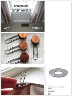 the instructions for how to make curtains with metal clips and paperclips are shown