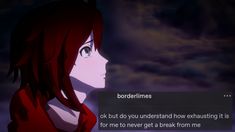 an anime character with red hair and dark eyes stares at the sky in front of clouds