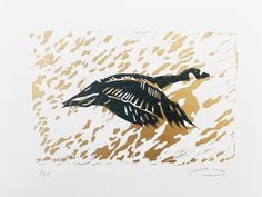 a drawing of a bird flying through the air with brown spots on it's wings