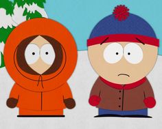 two cartoon characters are standing in front of snow covered trees, one is wearing an orange jacket and the other has a red hat