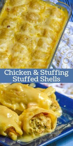 chicken and stuffing stuffed shells in a casserole dish on a blue platter