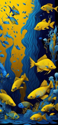 an underwater scene with many yellow fish swimming in the blue water and corals on the bottom