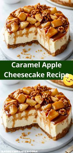 caramel apple cheesecake recipe on a white plate with two slices cut out and ready to be eaten