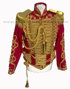 G5/5. #DJM1BB Hussars Officers Jacket Red Cord Braiding at Front and Cuffs with 3 other Accessories. 1) Gold Cord right Shoulder Full Length Aiguillette  2)Red/Gold  barrel Sash  3) Gold  heavy  tassel eppaulates ( all the accessories are package separately) This is a Heavy Cotton Jacket. It has gold  buttons and Braiding on the chest area and cuff of sleeves. Please refer to photos. S - to fit chest size 40" Flat measurements armhole to armhole 42" Shoulders 18" Sleeve length 25.5" M - to fit c Red Ceremonial Winter Outerwear, Ceremonial Red Winter Outerwear, Fitted Red Outerwear For Ceremonial Occasions, Fitted Red Ceremonial Outerwear, Cord Braiding, Santa Costume, Royal Aesthetic, Cotton Jacket, Red Jacket