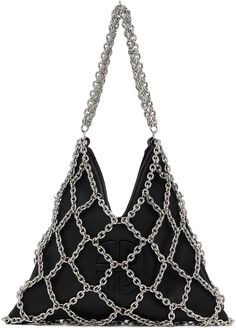 Grained leather shoulder bag in black. · Criss-crossing chain-link overlay throughout · Cable chain carry handle · Logo patch at face · Magnetic closure · Card slot at interior · Full twill lining · H8 x W9 x D0.5 Supplier color: Black Beads Bag, Diy Purse, Bag Chain, Bag Cover, Anine Bing, Chain Bag, Mesh Bag, Black Mini, Chain Bags